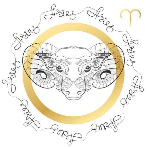 Hand drawn line art of decorative zodiac sign Aries on white background. Horoscope vintage card in zentangle style with words.